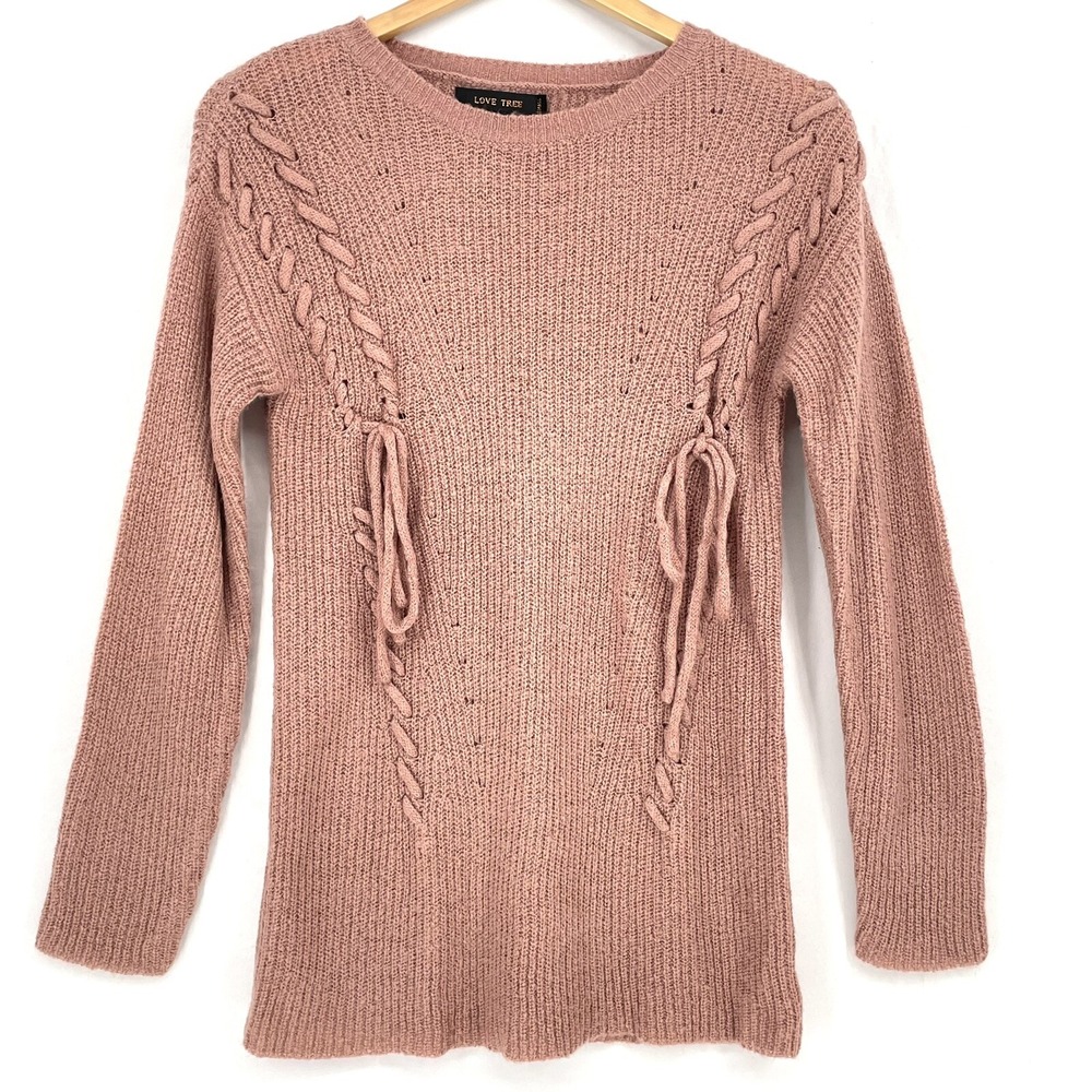 Love Tree Sweater Women S Dusty Pink Mauve Lace Up Knit Ties Soft Tunic Long Top
